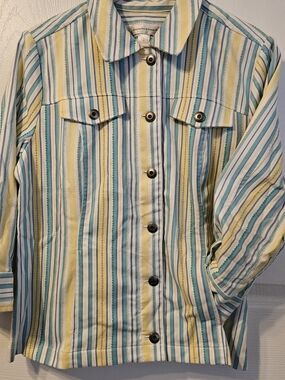 Christopher & Banks Striped Button-Front Shirt Jacket in Yellow, Teal & White
